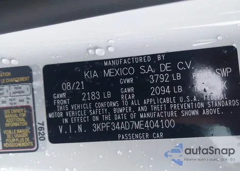 2021 Kia Forte Gt-Line z USA, uszkodzony, nr VIN 3KPF34AD7ME404100